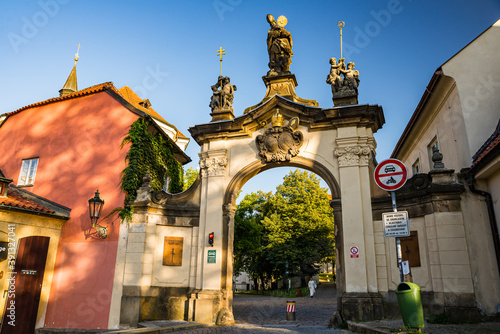 Prague, Czech republic - September 19, 2020. Entrance through the gate to the Brevnov Monastery photo