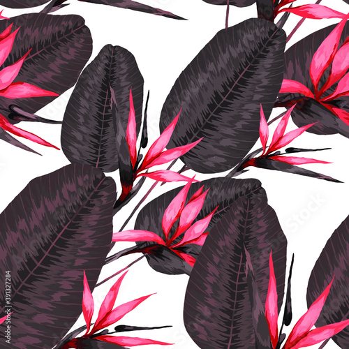 Watercolor seamless pattern with tropical leaves and flowers. Beautiful allov...