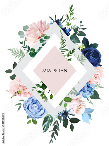 Classic blue rose, blush pink hydrangea, ranunculus, dahlia, thistle flowers