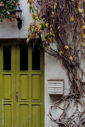 Green wooden door and lantern. View of the cute facade.