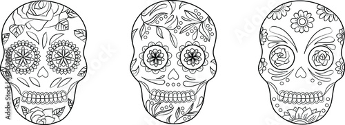 Set of 3 mexican skulls in tattoo graphic style. Outline day of the dead illustration for coloring page or decoration, any design ideas