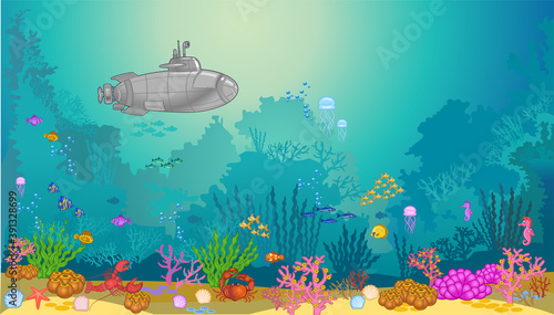 submarine underwater. underwater landscape with fishes and seaweed. Sea bottom.