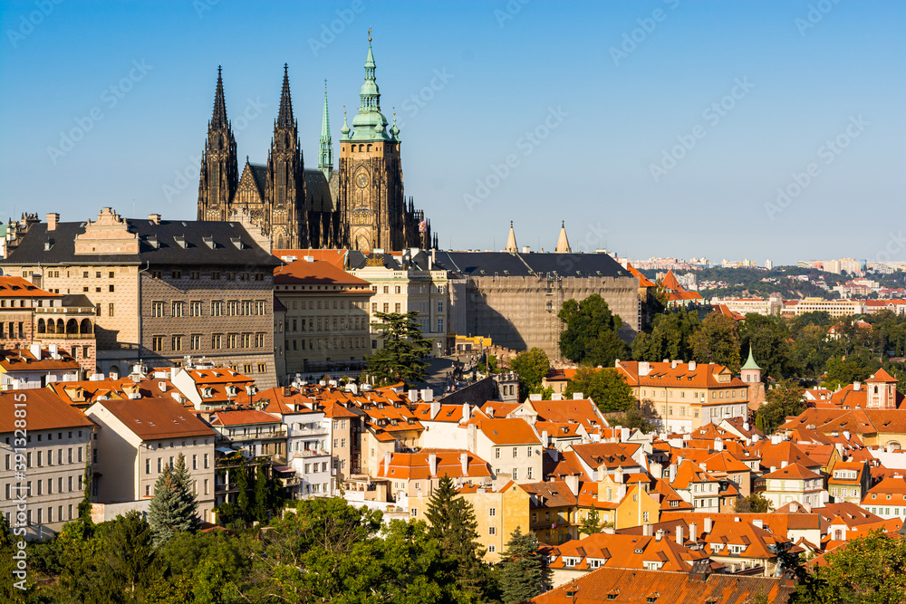 Prague, Czech republic - September 19, 2020. Panorama of Prague Castle and orange roofs around