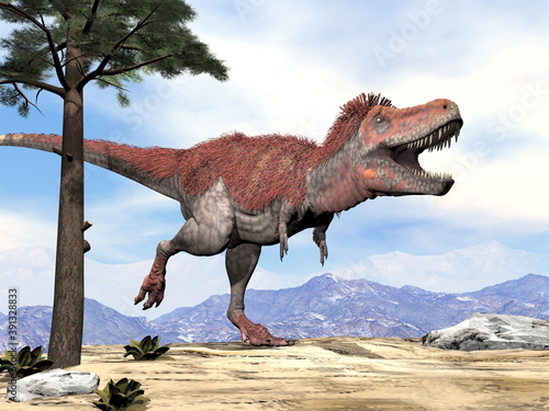 Tarbosaurus walking while roaring by day - 3D render