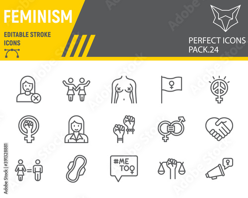 Feminism line icon set, gender equality collection, vector sketches, logo illustrations, feminism icons, equal rights signs linear pictograms, editable stroke.