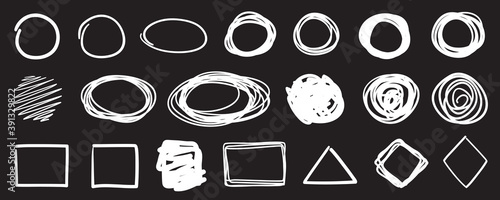 White elements on isolated black background. Hand drawn signs and symbols. Black and white illustration