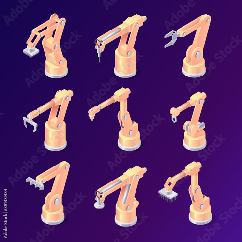 Isometric robot arms, factory machines or hydraulic robotic hands of various design and purposes, industrial mechanic equipment, assembly line manufacturing technologies isolated 3d vector icons set