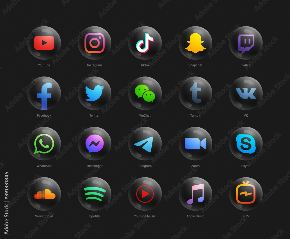 3D Vector Popular Social Media Network Modern Black Round Web Icons Set
