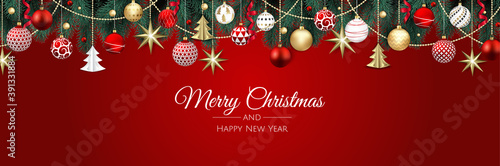Christmas vector background. Creative design greeting card, banner, poster. Top view gift box, xmas decoration balls and snowflakes.