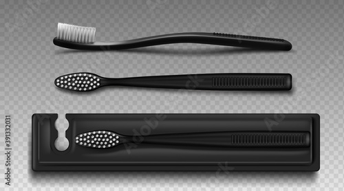 Black toothbrush with package box top and side view. Vector realistic mockup of plastic brush with white bristle for dental clean and oral hygiene isolated on transparent background