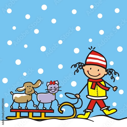 Girl with dog and cat with sledge, at background blue sky with snowflakes, humorous vector illustration