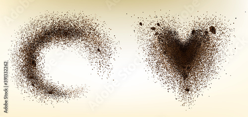 Explosion of coffee bean and powder in shape of heart and circle. Vector realistic illustration of shredded roasted ground coffee and arabica grain pieces with splash of brown dust