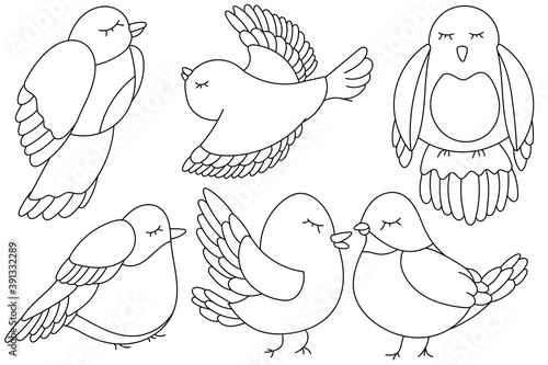 Simple birds coloring page outline drawing. Kids coloring book page. Outline vector illustration. Birds outline isolated. Doodle birds.