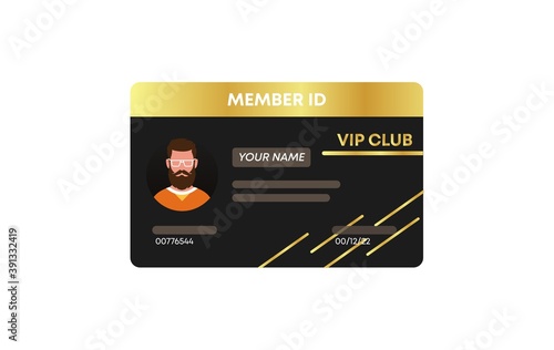 Member ID card template. Special vip client card secure pass identification with personal information character with photo and signature plastic vector data professional badge working ID identity.