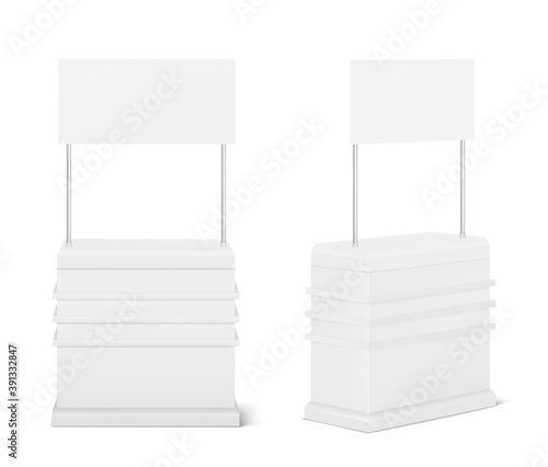 Promotion counter table, portable exhibition trade display mockup. Retail kiosk, information stand template. Blank promotion booth for business presentation or ad. Realistic 3d vector illustration