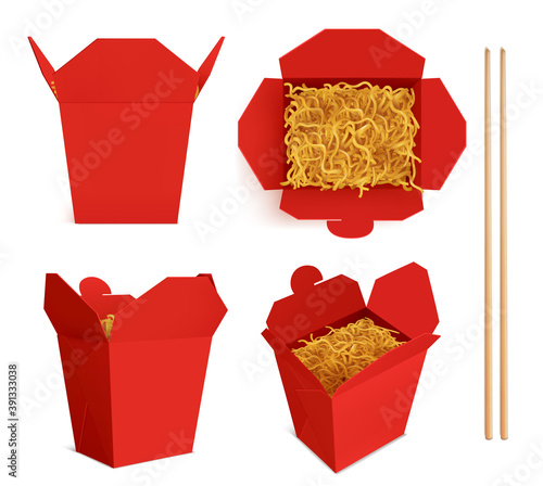 Wok box with noodles and sticks mockup, red take away food container, blank bag for chinese meal or fastfood top and front view. Paper open realistic 3d vector mock up isolated on white background