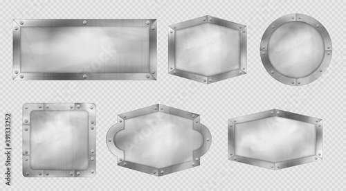 Metal signs, steel or silver plates with rivets and frames. Realistic stainless signboards with metallic texture, Blank banners, boards, iron panels or borders for entrance, pc game menu 3d vector set