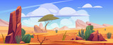Desert landscape with rocks, tropical tree, grass and blooming cactuses. Vector cartoon illustration of hot sand desert in Africa with stones, dune and plants