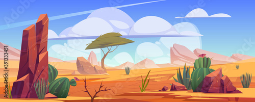 Desert landscape with rocks  tropical tree  grass and blooming cactuses. Vector cartoon illustration of hot sand desert in Africa with stones  dune and plants