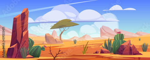 Desert landscape with rocks, tropical tree, grass and blooming cactuses. Vector cartoon illustration of hot sand desert in Africa with stones, dune and plants