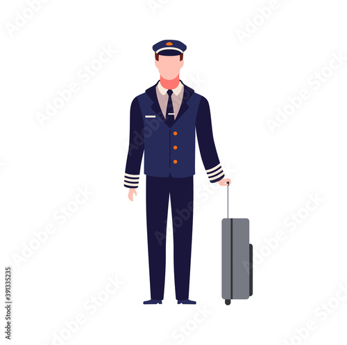 Pilot. Young capitan airplane. Male aircraft staff in dark blue uniform and hat with luggage, commercial journey aviator, aviation profession flat vector cartoon isolated character