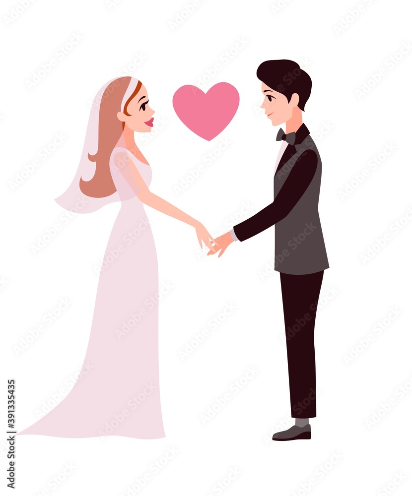 Bride and groom. Cartoon happy romantic couple hold hands, young wife and husband together, invitation to wedding ceremony greeting card template, flat vector isolated illustration