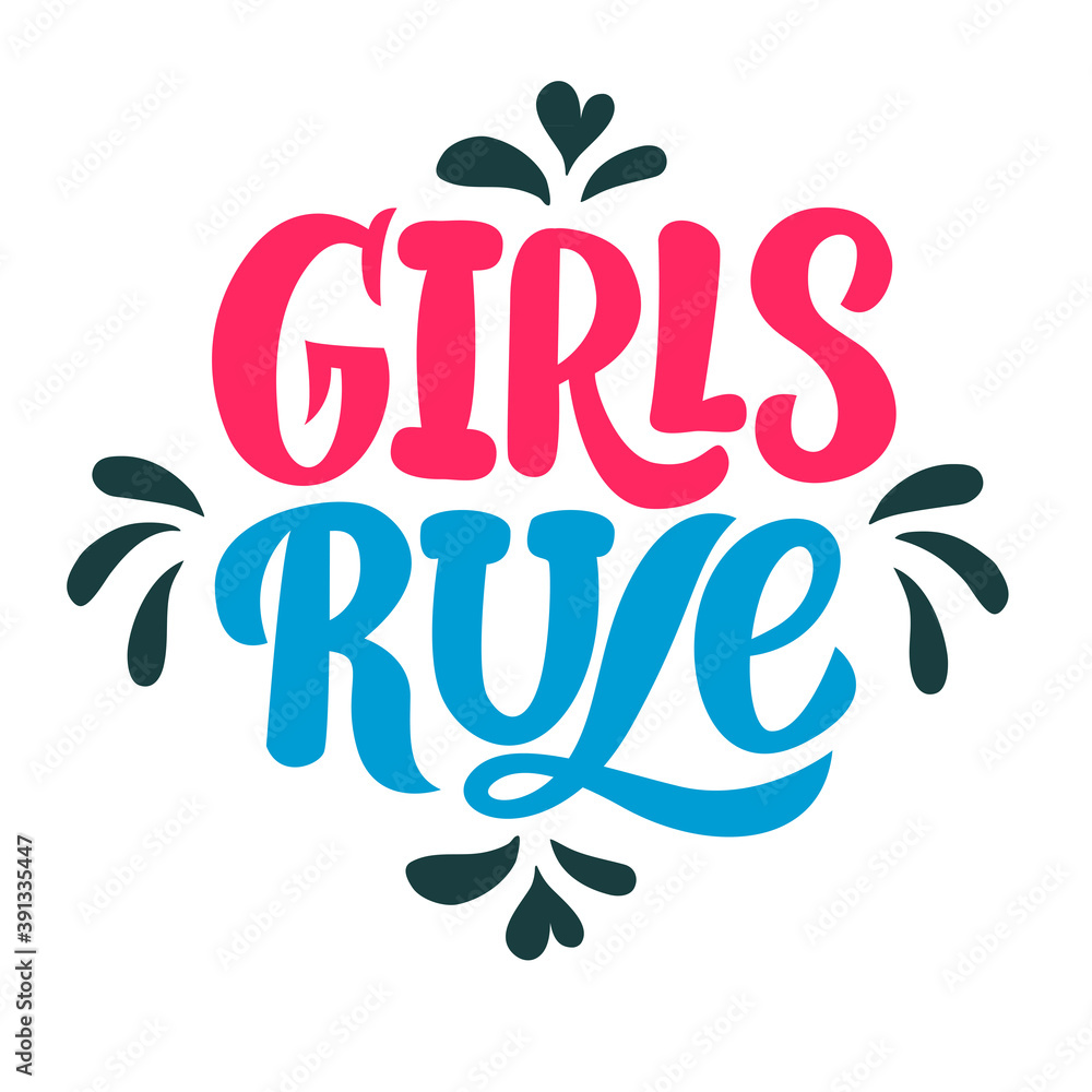 Inscription - girls rule - red and blue letters on a white background, vector graphics. For postcards, posters, t-shirt prints, notebook covers, packaging, stickers, pillow, mugs, banners