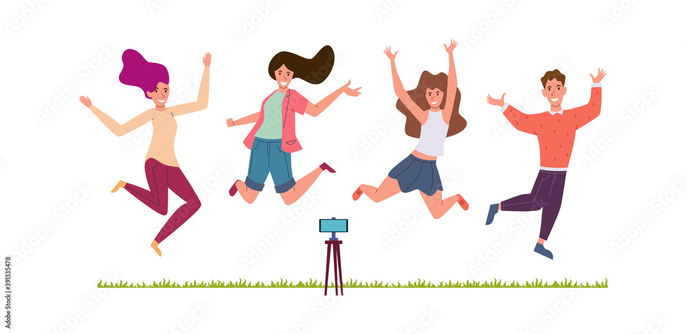 Friends make selfie. Happy men and women jumping smiling and taking photo on smartphone camera on grass in park, photography or vlog making, shoot stories vector blogger cartoon characters