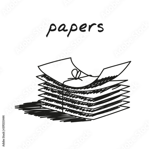 Stack of papers hand-drawn illustration. Cartoon vector clip art of a pile of papers tied with thread. Black and white sketch of the concept of securities, papers, financial reports