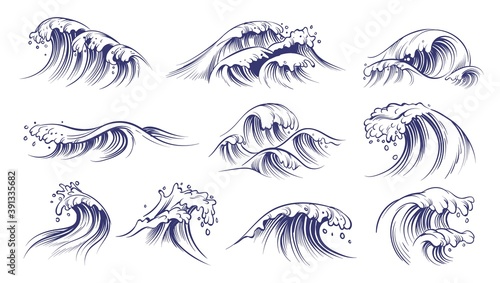 Ocean hand drawn waves. Sketch style sea storm blue water, curly foamy splashes, tsunami and tide vintage collection, surfing season decorative surge wave, vector marine isolated on white set