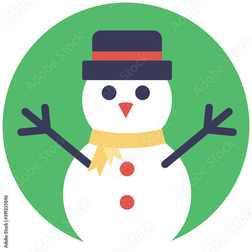 
A flat design icon of snowman dressed up in warm clothes, night time in the background 
