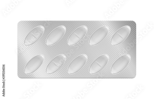 Blister packs. Realistic medical pills package, tablet individually packed, capsule in plastic container front view, antibiotic or painkiller pharmacy drugs packaging vector template