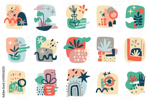 Abstract shapes collages. Contemporary doodles geometric forms compositions, hand drawn scribbles, leaves and flowers objects, modern background with primitive objects vector cartoon set