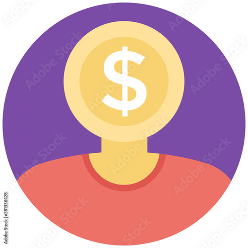 
Man with coin head flat vector icon, concept of man obsessed about money
