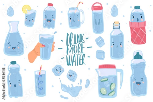 Drink more water. Cute drinking eco bottles characters  funny glasses with cartoon kawaii faces  healthy lifestyle collection  clear aqua consumption call concept. Vector isolated doodle set