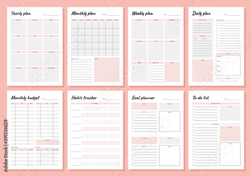 Planner. Weekly and days organizers for schedule list with reminder, checklists, important date and notes. Simple life planners daily routine organization vector minimalist templates photo