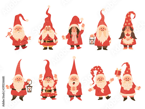 Christmas dwarfs. Adorable gnomes in red white costumes with lanterns, fairy tale funny characters in hats with xmas attributes, winter holiday decor collection vector isolated set