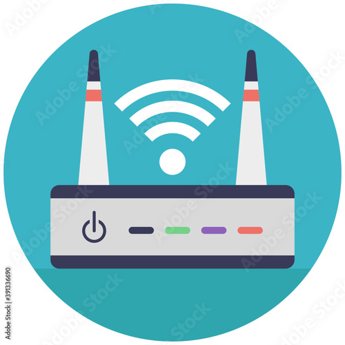
Wifi router with two antennas, router and signals symbol flat vector icon 
