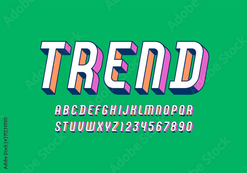 3D Font from multicolored, trendy bright alphabet, modern condensed italic letters and numbers for your design, vector illustration.
