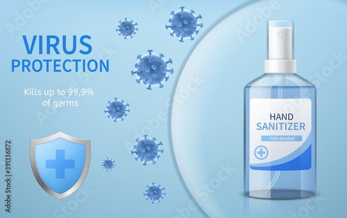 Hand sanitizer. 3d transparent spray bottle, antibacterial alcoholic cleanser, hygienic protective disinfectant, covid-19 and flu virus protection poster or add banner vector concept