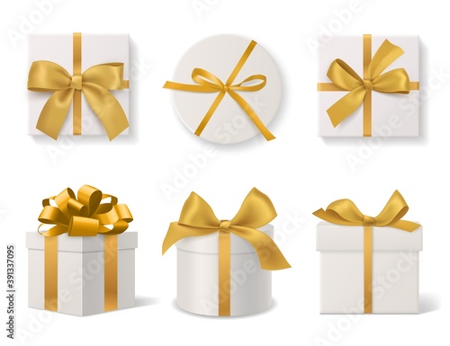 Realistic decorative gift boxes. 3d gifts white cardboard packaging templates, golden ribbons and bows top and side view, round and square wrapped presents. Vector isolated set