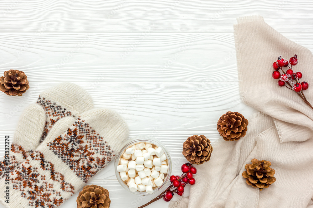 Cozy christmas evening with cocoa flat lay white wooden Cozy christmas evening with cocoa flat lay white wooden