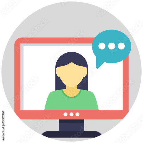 
Flat design icon of a news anchor with speech bubble on monitor screen
