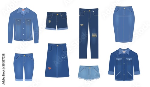 Jeans. Trendy denim garment different blue female jeans pants, cotton jacket and shirt, shorts and skirts, fashion breeches. Apparel casual clothes collection vector isolated clothing set