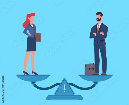 Gender equality. Man and woman in business suits standing on scales in balance, equal rights and pay, salary and fairness for both sexes, opportunities for employee vector flat concept