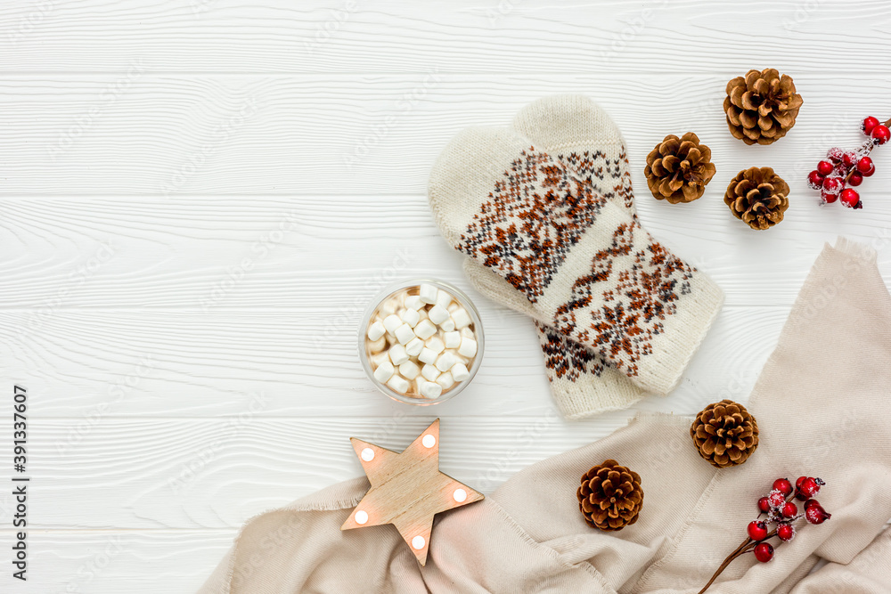 Cozy christmas evening with cocoa flat lay white wooden Cozy christmas evening with cocoa flat lay white wooden