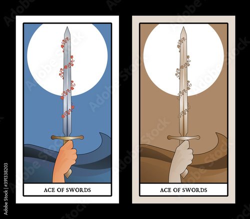 Aces of Tarot Cards. Swords. Hand holding a sword surrounded by red leaves on the waves of the sea.
