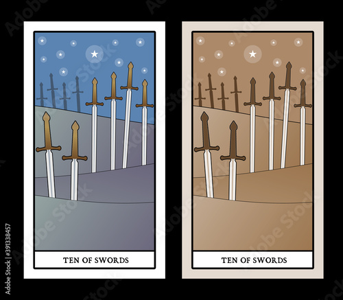 Ten of swords. Tarot cards. Ten swords stuck on the ground in the countryside