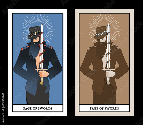 Page or knave of swords with top hat holding a sword with flowers and leaves. Minor arcana Tarot cards. Spanish playing cards.
