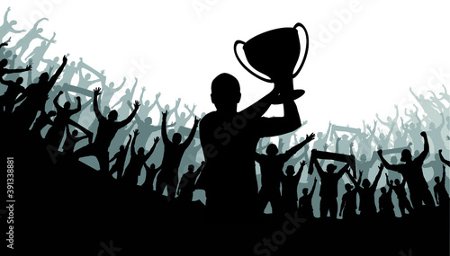 Football poster with the winning football team with the Cup in their hands and fans, vector illustration. Fans, a crowd of people.